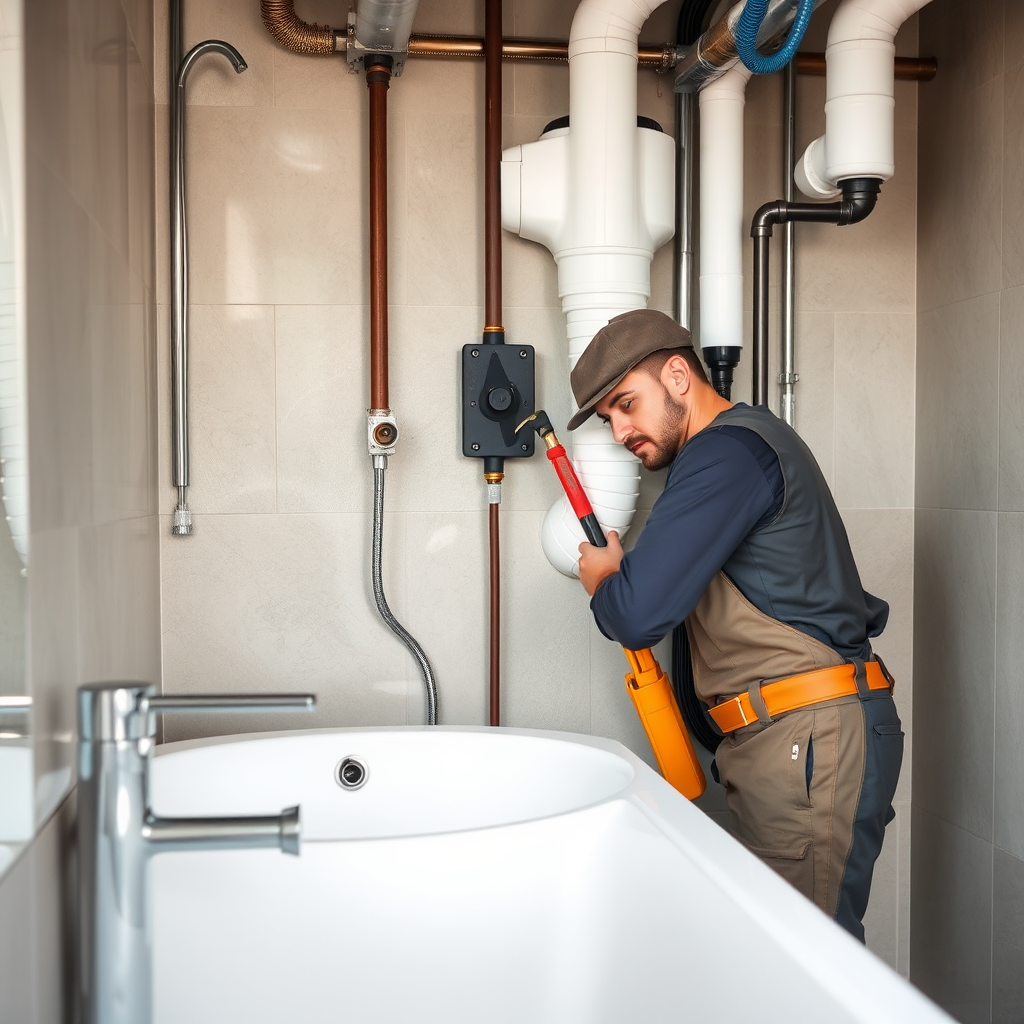 Professional plumber installing modern pipes in a contemporary bathroom with high-quality fixtures and tools