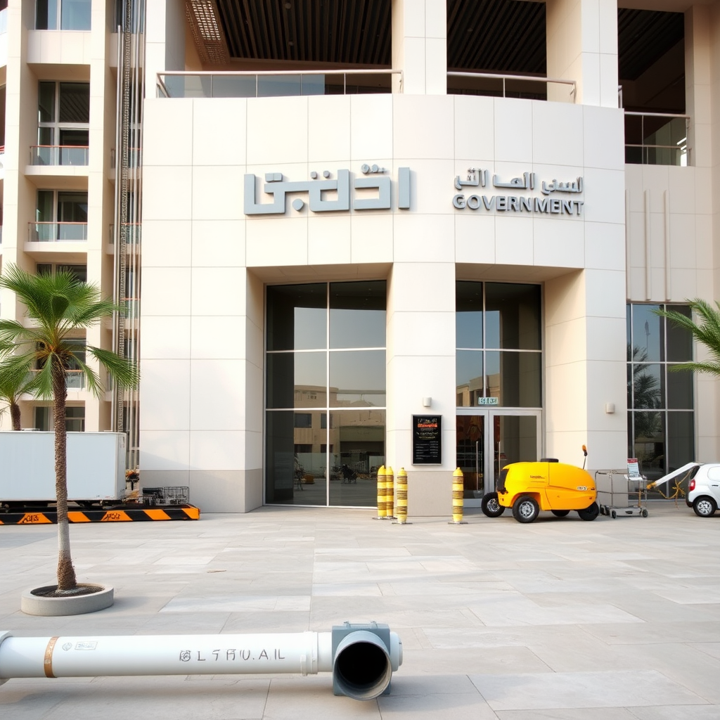 Modern UAE government building with construction equipment and plumbing infrastructure visible, representing new commercial building regulations and standards