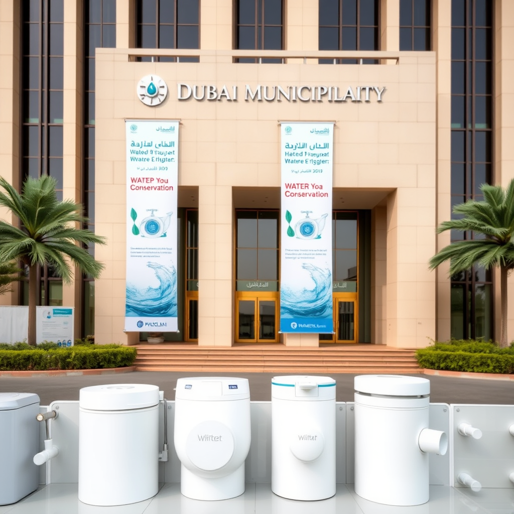 Dubai Municipality headquarters building with water conservation initiative banners and modern plumbing fixtures display in the foreground