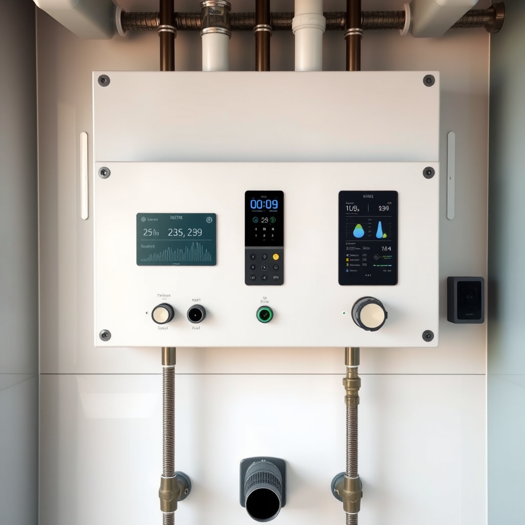 Advanced smart plumbing control panel with digital water monitoring displays and IoT sensors installed in a modern UAE construction project