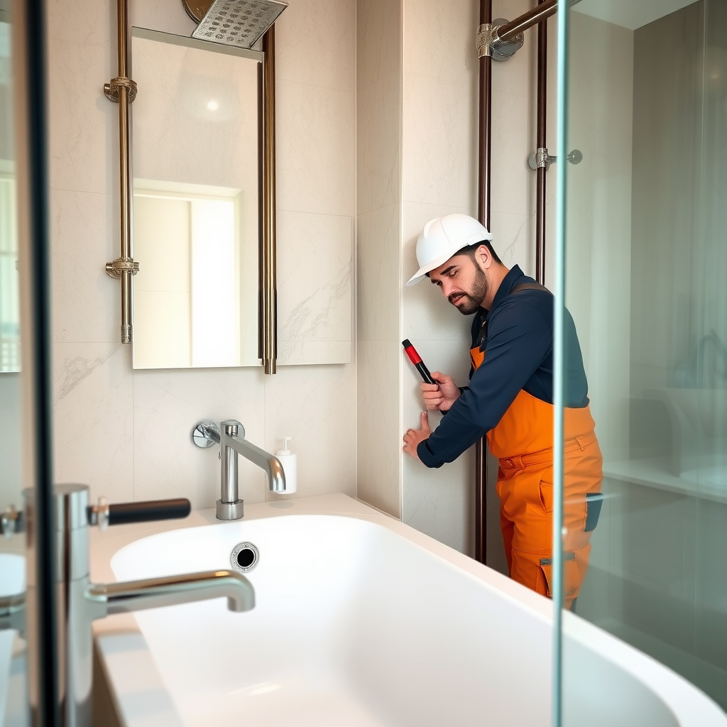 Professional plumber installing modern fixtures in a luxury Dubai residential bathroom with premium pipes and fittings