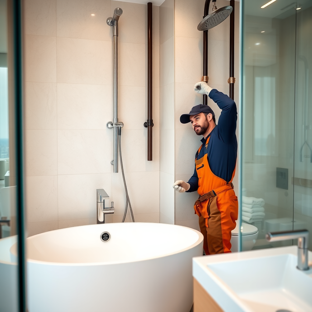 Professional plumber installing modern pipes and fixtures in a luxury Dubai home bathroom