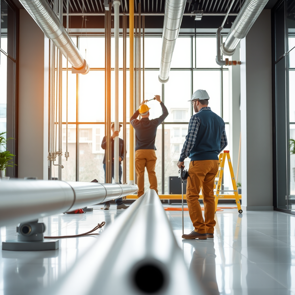 Professional commercial plumbing team working on large-scale pipes installation in modern office building