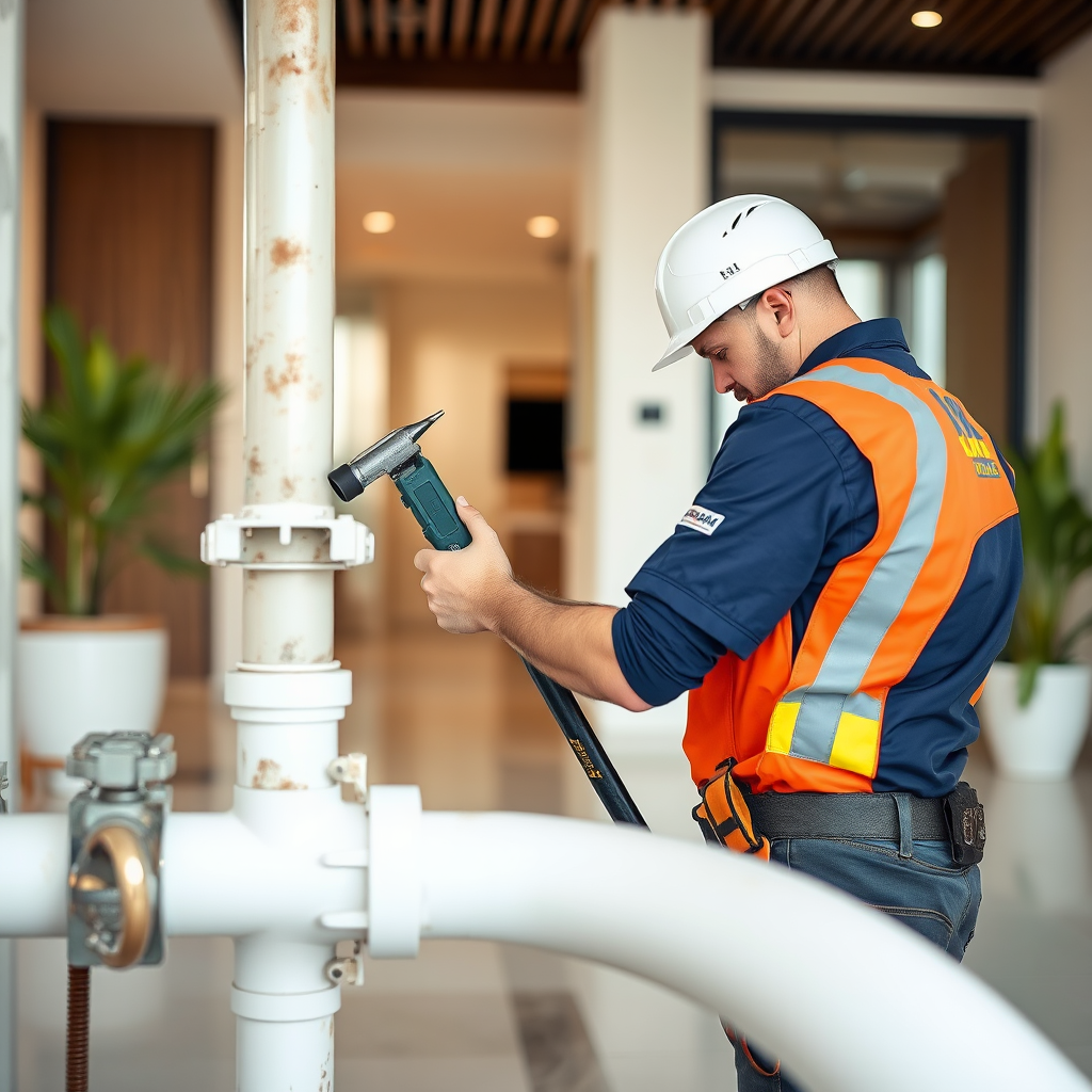 Professional emergency plumber in uniform working on urgent pipe repair with specialized tools in a modern Dubai residential setting