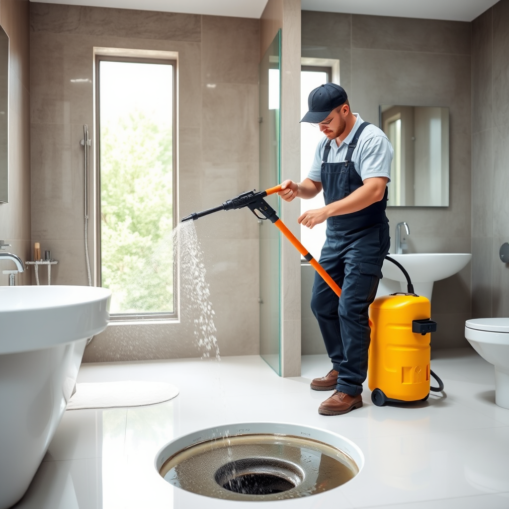 Professional plumber using advanced drain cleaning equipment with high-pressure water jetting system in modern bathroom