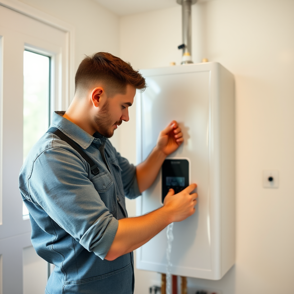 Professional water heater technician installing modern tankless unit in clean utility room