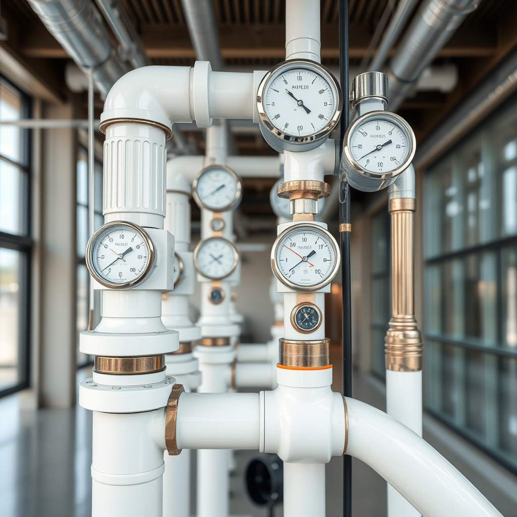 Advanced water conservation system showing modern pipes, pressure gauges, and water management technology in commercial building