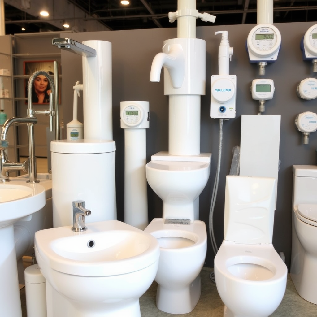 Collection of modern water-efficient plumbing fixtures including low-flow faucets, dual-flush toilets, and digital water meters arranged in a showroom setting