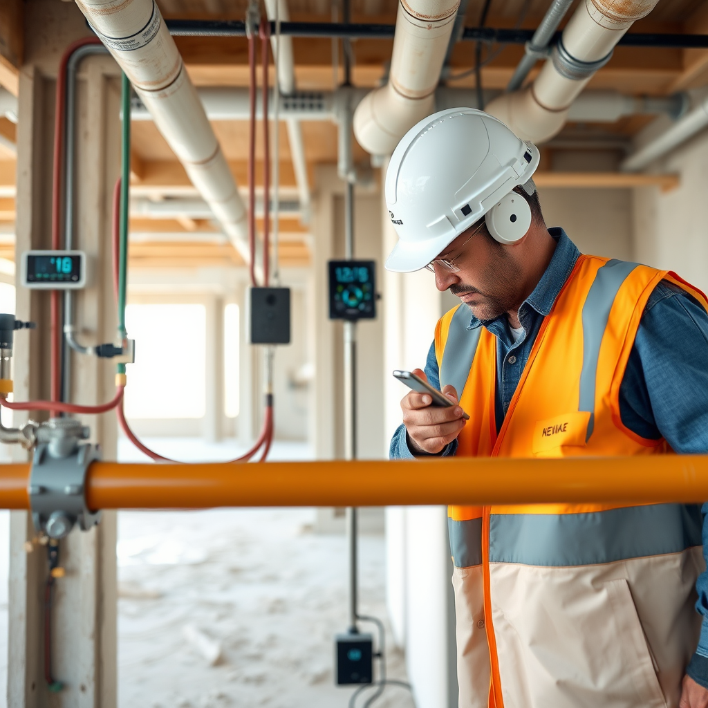 Professional installation of IoT water sensors and smart pipes in a UAE construction project with digital monitoring equipment and automated systems