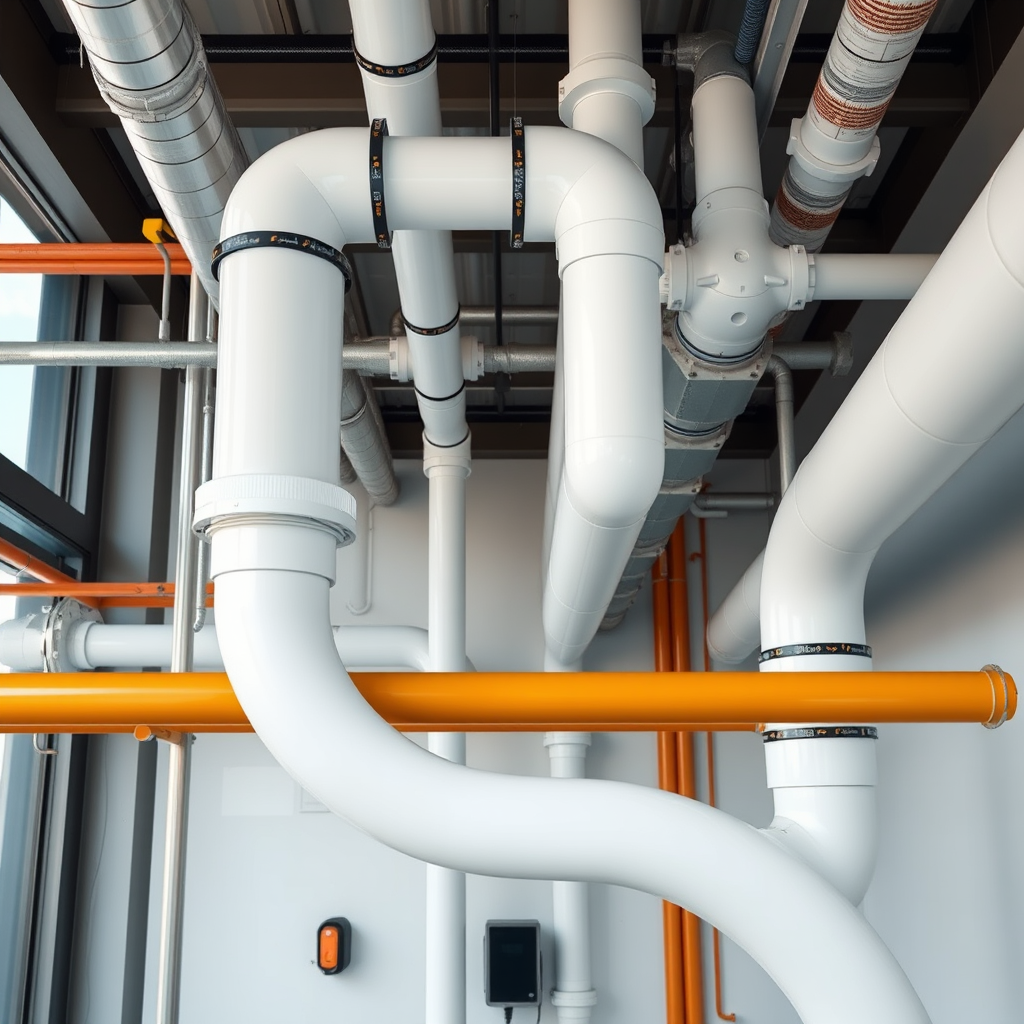 Commercial plumbing installation in modern Dubai office building with industrial pipes and professional equipment
