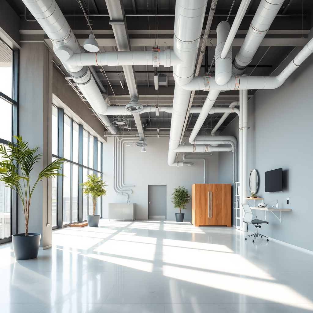 Modern office building with professional plumbing infrastructure and pipes system