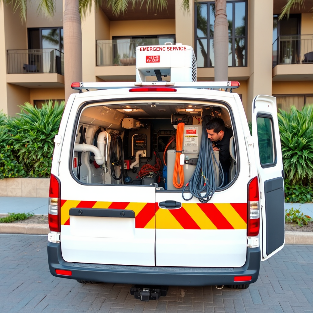 Professional emergency plumbing service van fully loaded with specialized tools, pipes, and equipment parked outside Dubai residential building