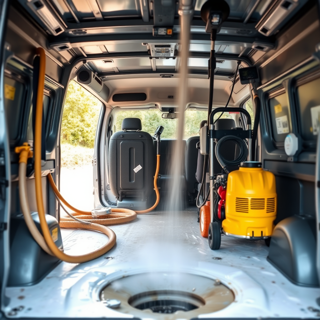 High-tech drain cleaning equipment including hydro jetting machine and pipe inspection cameras in professional plumbing van