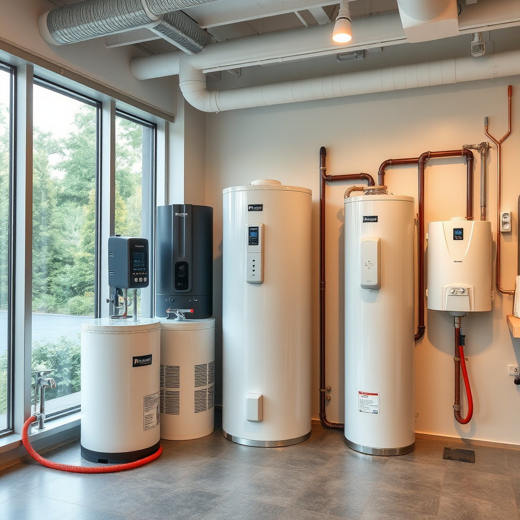 Modern water heater showroom displaying various tank tankless and solar water heating systems