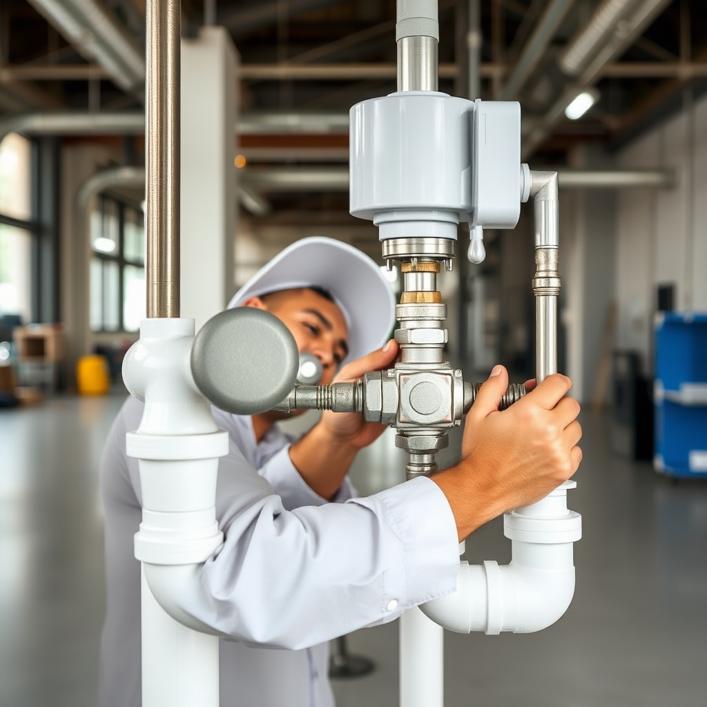 Professional plumber installing backflow prevention device in commercial building showing modern plumbing equipment and safety measures
