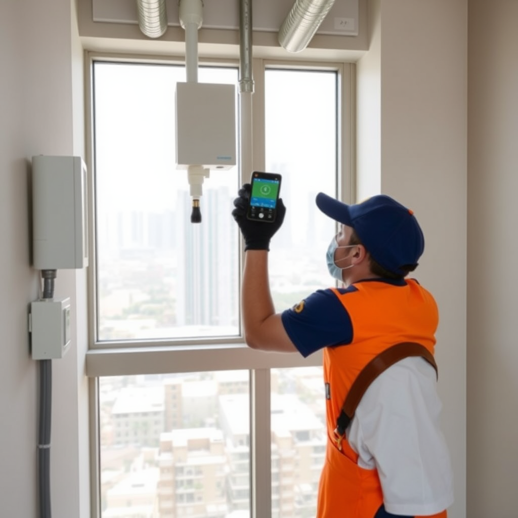 Professional plumber in uniform installing a smart water monitoring system and checking pipes in a modern Dubai residential property with city skyline visible through window