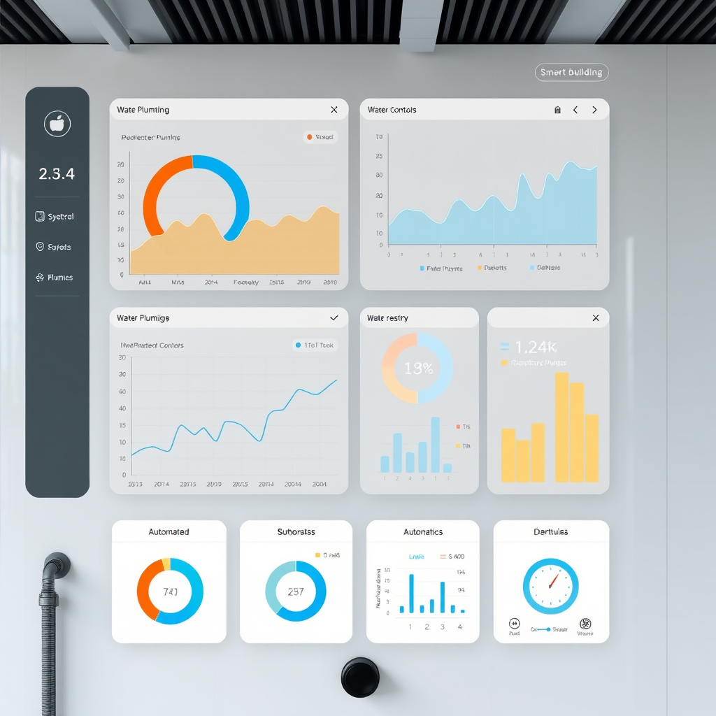 Advanced smart plumbing dashboard displaying real-time water usage analytics, system performance metrics, and automated controls in a modern UAE smart building