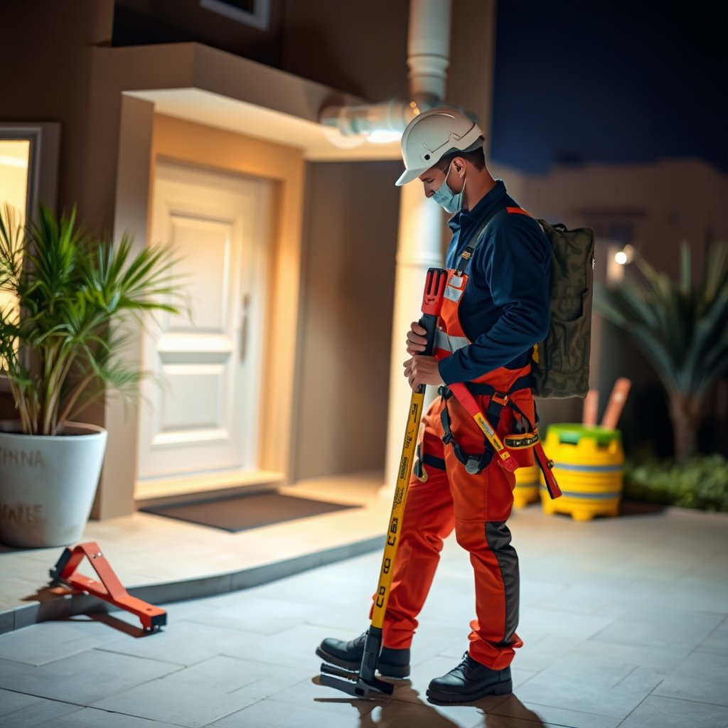 Emergency plumber with tools responding to urgent pipe repair in Dubai home at night