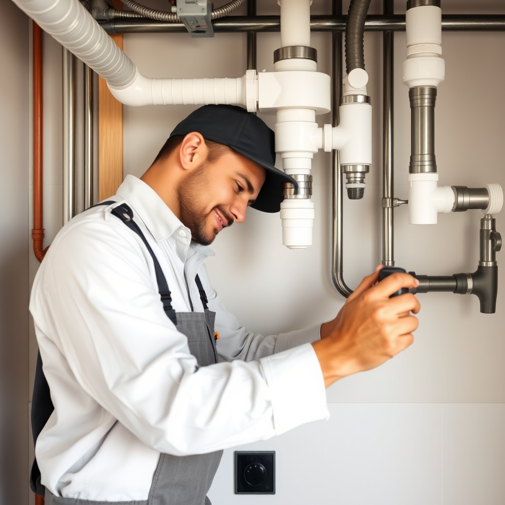 Professional plumber working on kitchen plumbing installation with modern pipes and fixtures