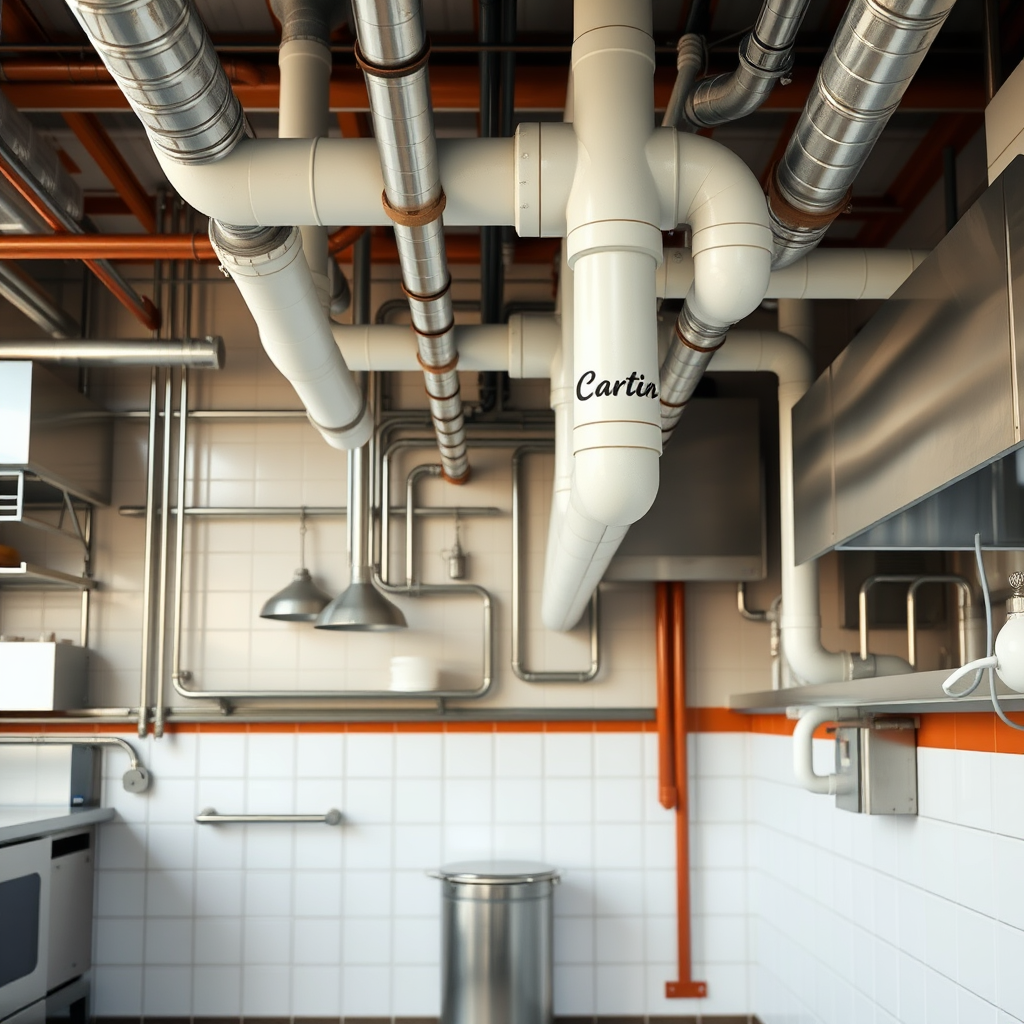 Commercial restaurant kitchen with industrial plumbing pipes and drainage systems