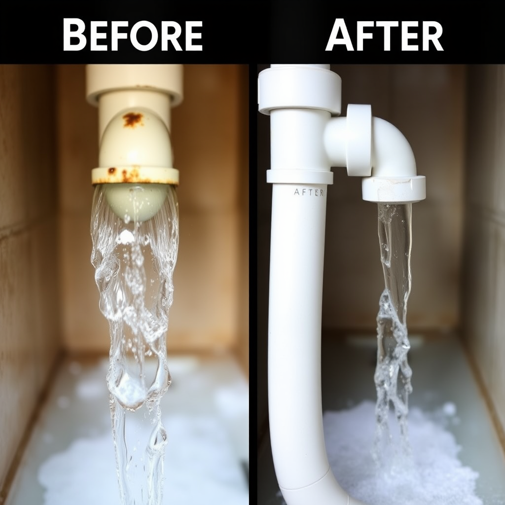 Before and after comparison showing clean pipes after professional drain cleaning service with clear water flow