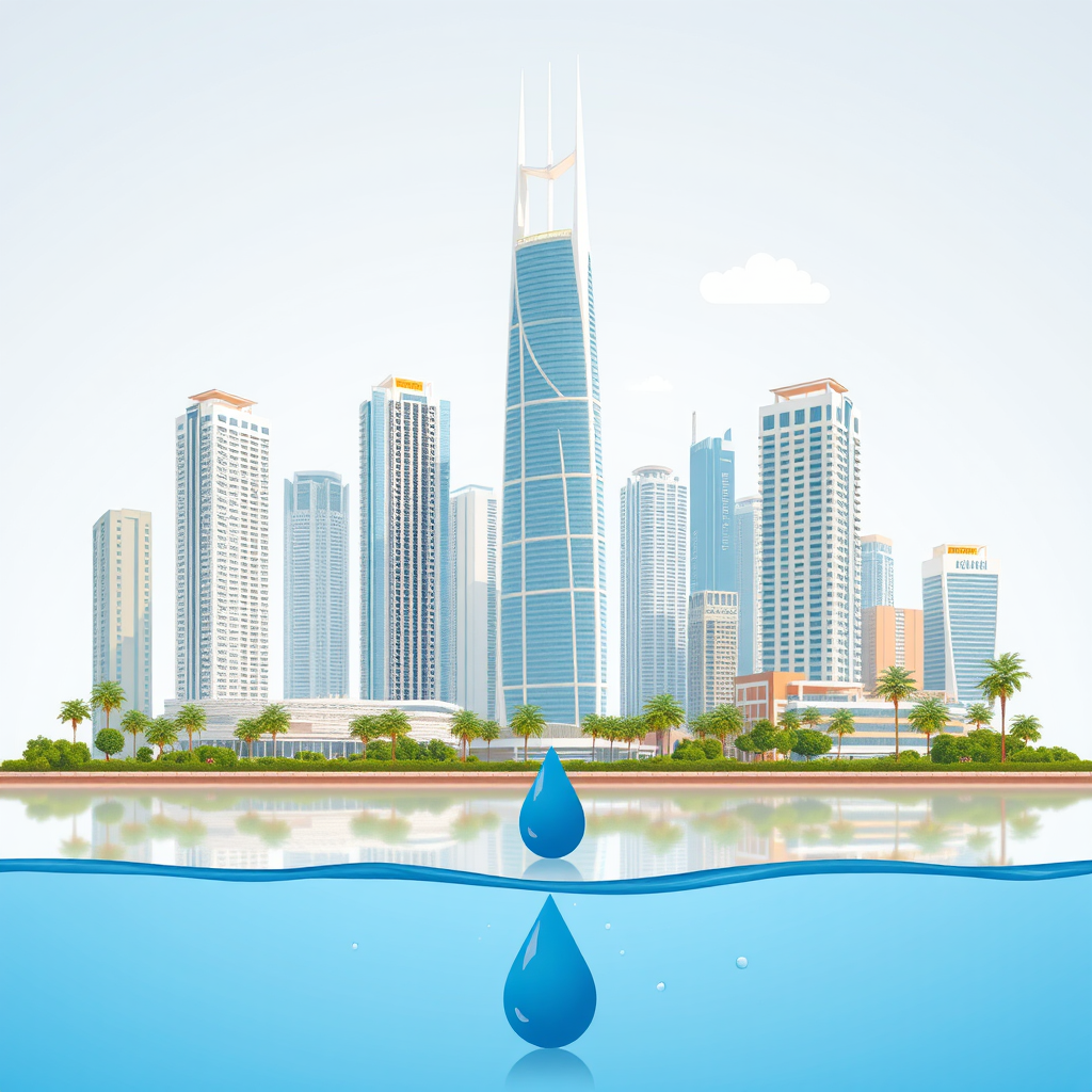 Dubai cityscape with modern residential towers and water conservation symbols, showcasing sustainable urban development and smart water management systems