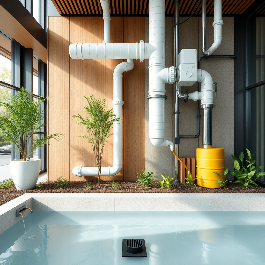 Contemporary commercial building showcasing sustainable water management systems including rainwater collection, modern pipes, and green technology integration