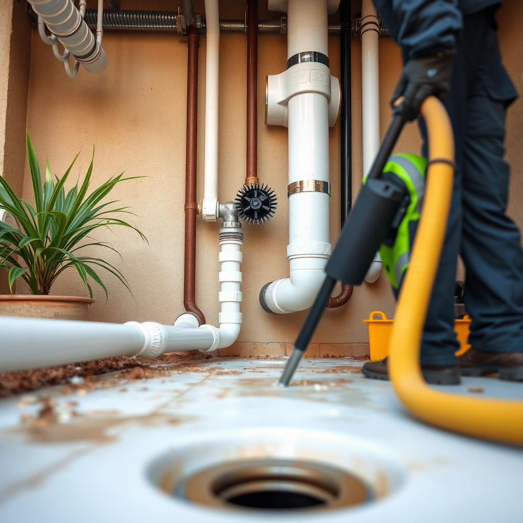 Professional drain cleaning equipment and pipes being maintained in Dubai residential property