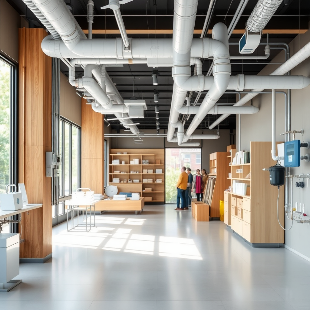 Modern retail store with commercial plumbing fixtures and water supply pipes