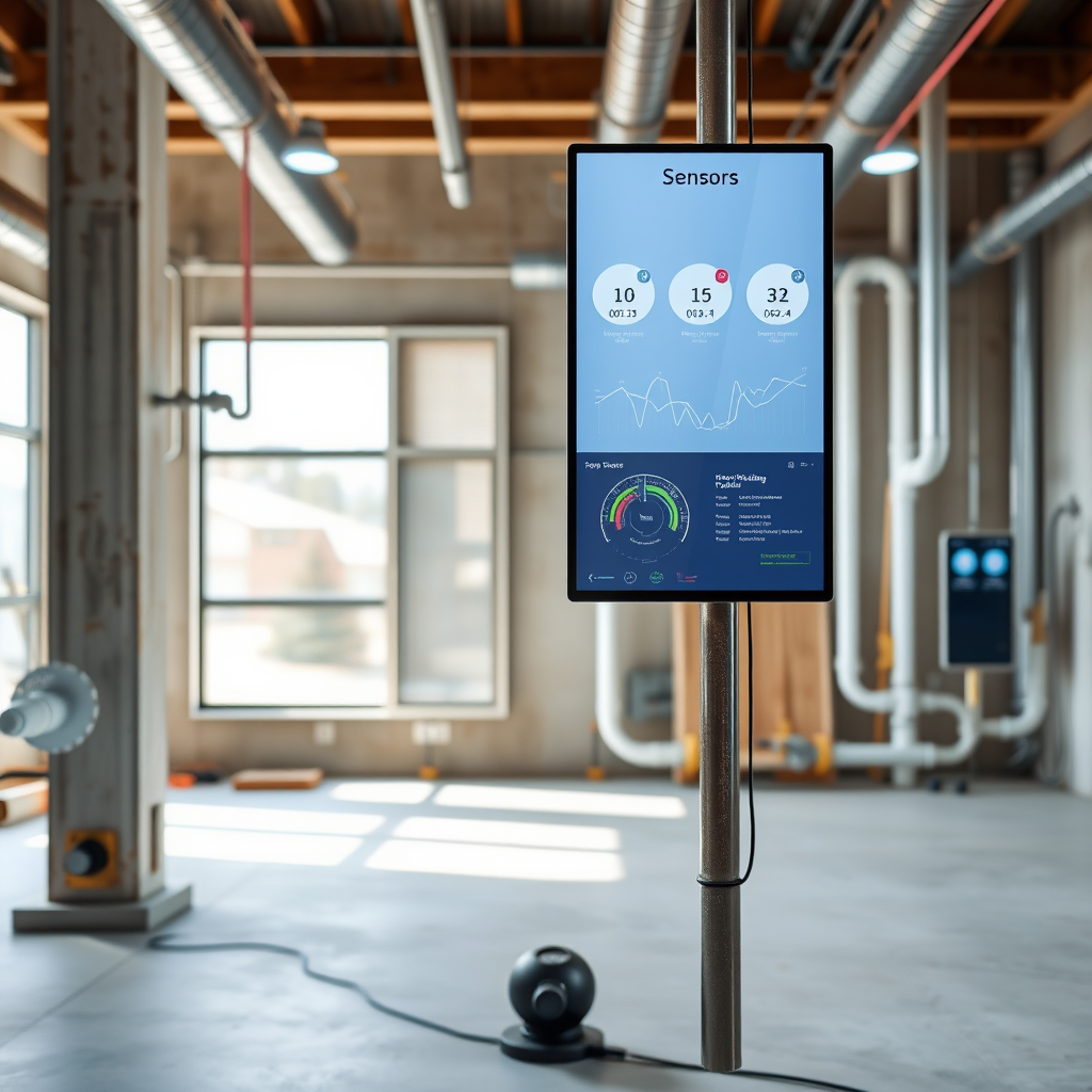 Modern construction site with digital displays showing IoT sensors and smart plumbing technology integration, featuring pipes and monitoring equipment with data visualization