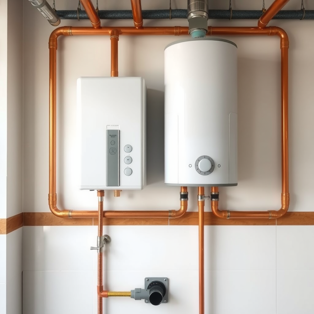 Modern water heater installation with copper pipes and professional plumbing setup in Dubai home