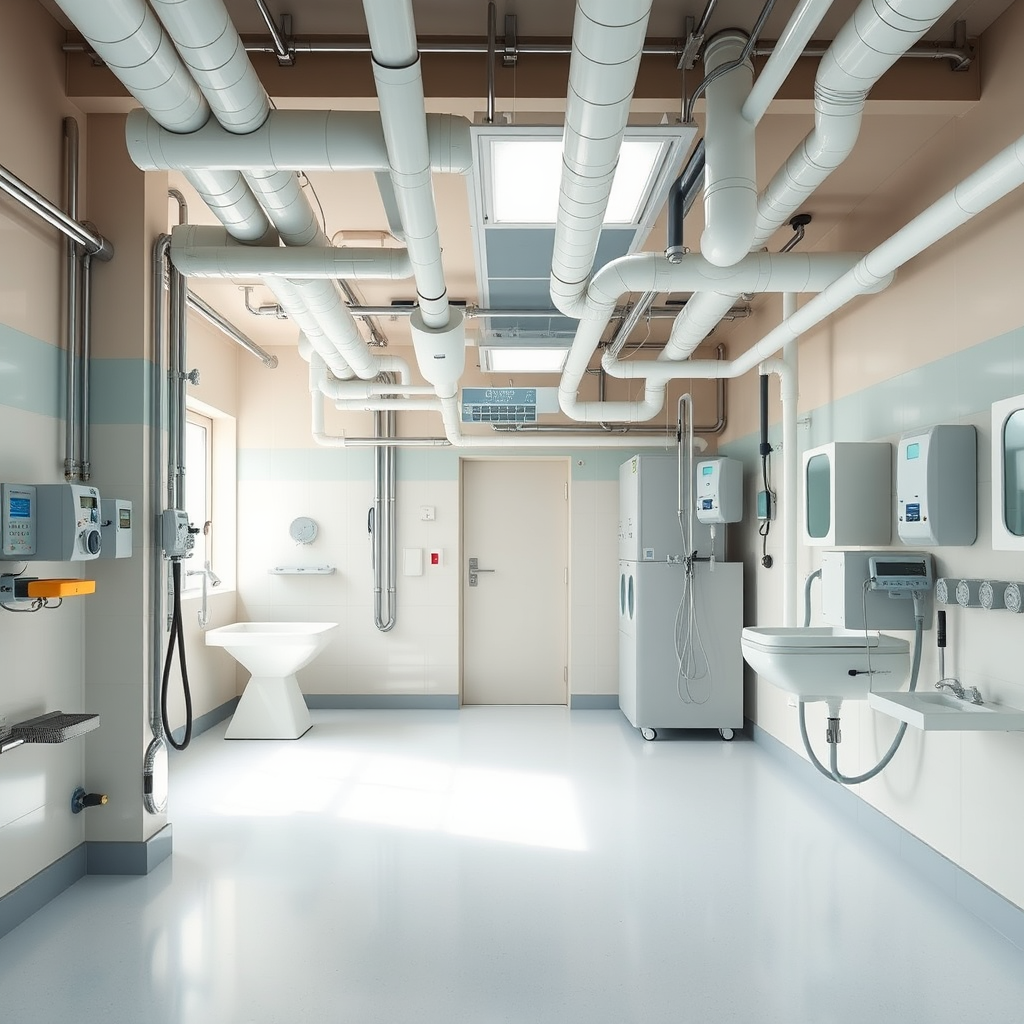 Healthcare facility with specialized medical plumbing pipes and sanitation systems