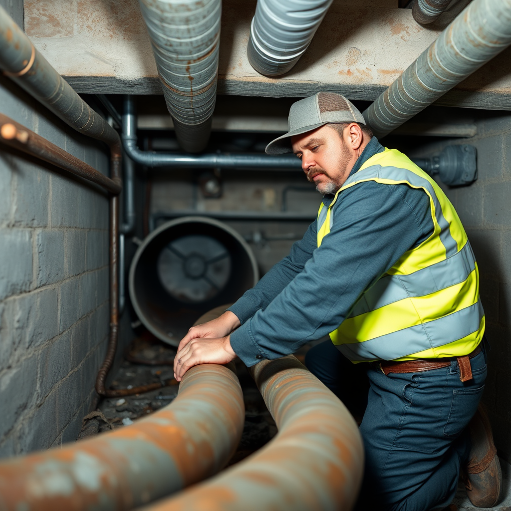 Experienced commercial plumber working on large diameter pipes in commercial building basement